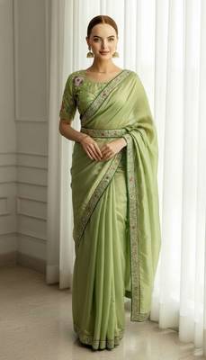 Green georgette embroidered thread work heavy look ethnic saree with blouse 1