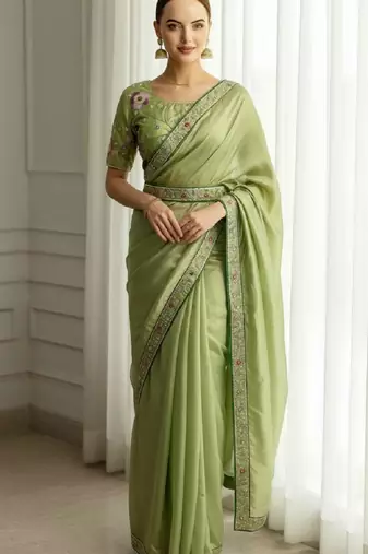 Green georgette embroidered thread work heavy look ethnic saree with blouse
