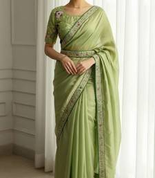 Green georgette embroidered thread work heavy look ethnic saree with blouse