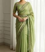Green georgette embroidered thread work heavy look ethnic saree with blouse