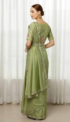Green georgette embroidered thread work heavy look ethnic saree with blouse 2