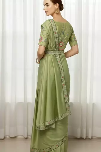Green georgette embroidered thread work heavy look ethnic saree with blouse
