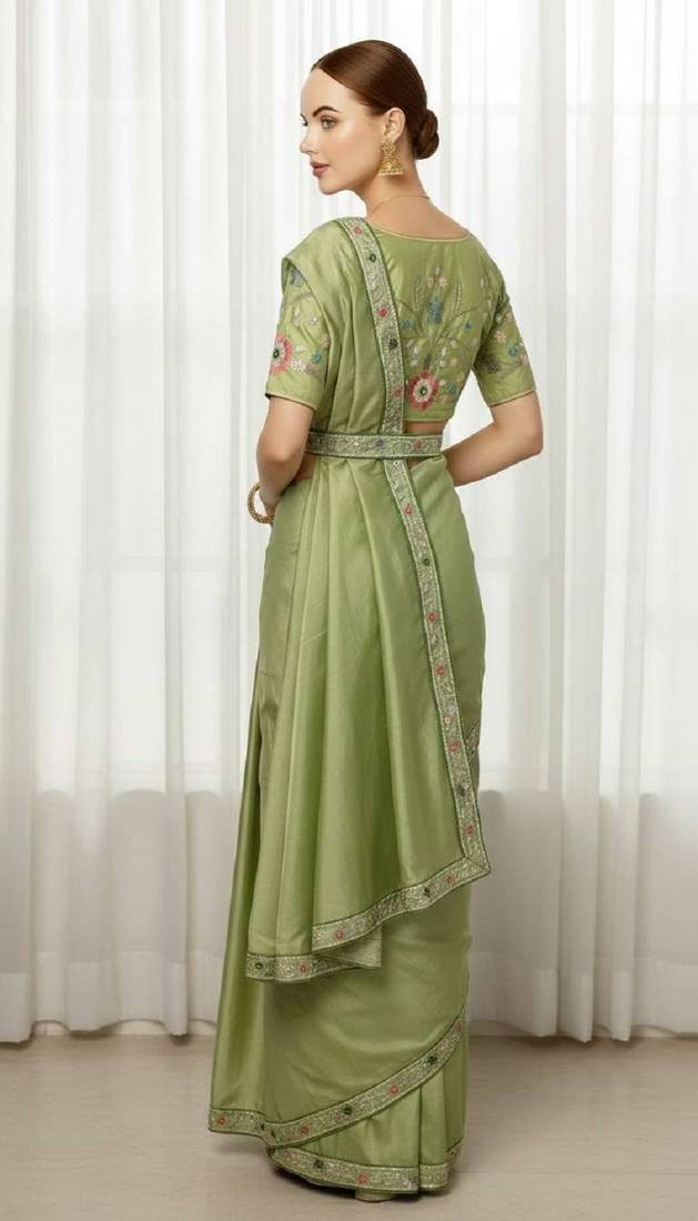 Green georgette embroidered thread work heavy look ethnic saree with blouse