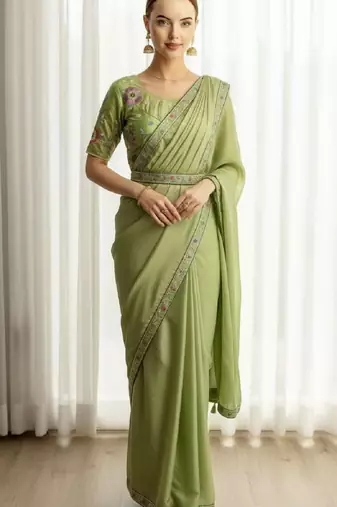 Green georgette embroidered thread work heavy look ethnic saree with blouse