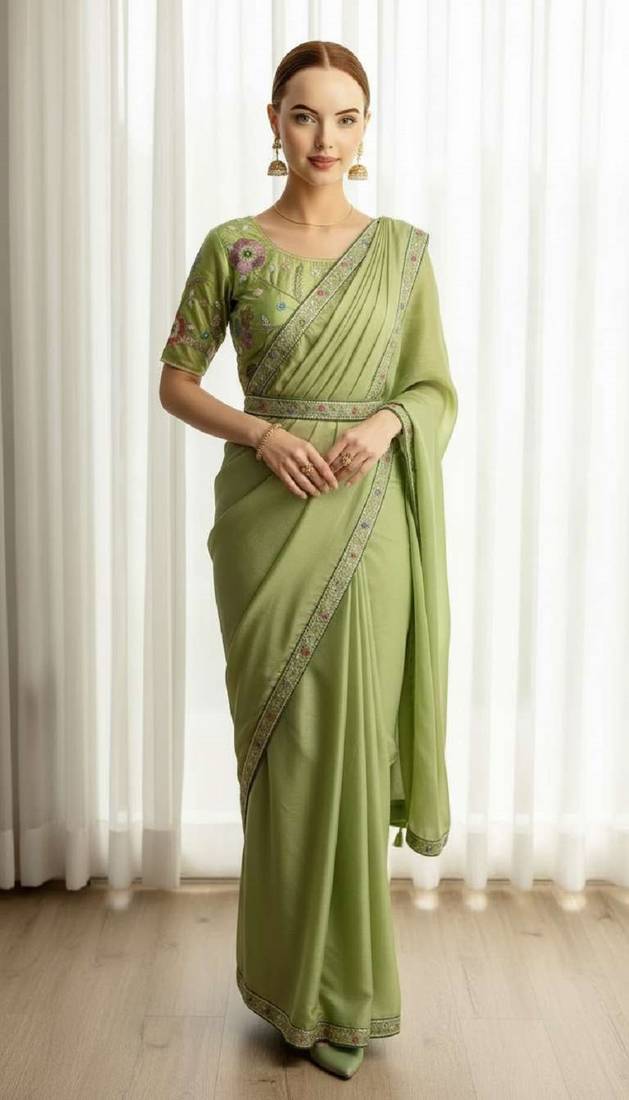 Green georgette embroidered thread work heavy look ethnic saree with blouse