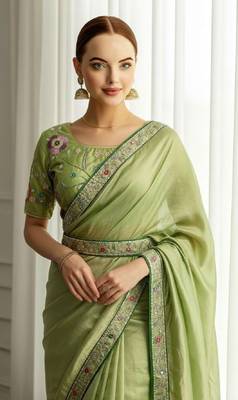 Green georgette embroidered thread work heavy look ethnic saree with blouse 4