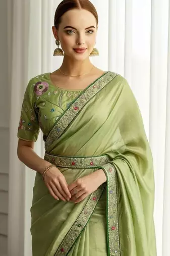Green georgette embroidered thread work heavy look ethnic saree with blouse
