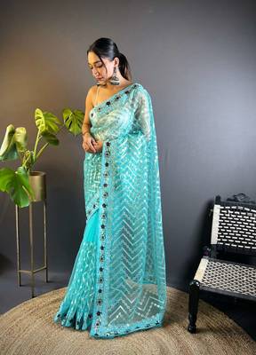 Teal net embroidered thread work heavy look ethnic saree with blouse 1
