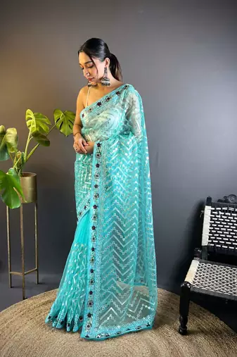 Teal net embroidered thread work heavy look ethnic saree with blouse