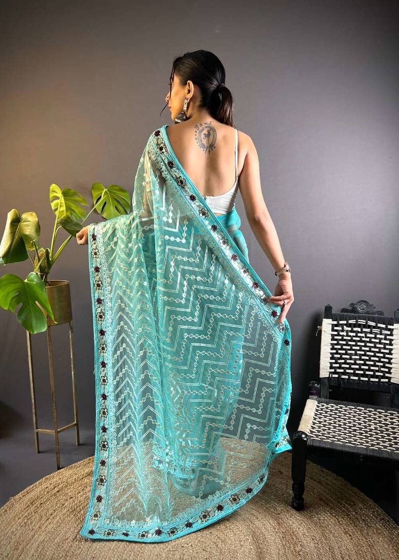 Teal net embroidered thread work heavy look ethnic saree with blouse