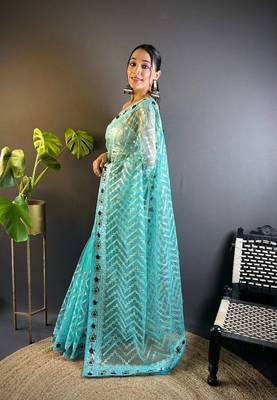 Teal net embroidered thread work heavy look ethnic saree with blouse 3