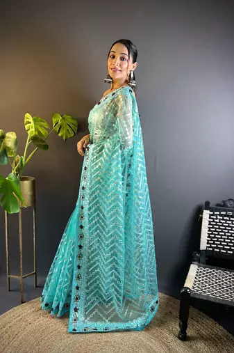 Teal net embroidered thread work heavy look ethnic saree with blouse