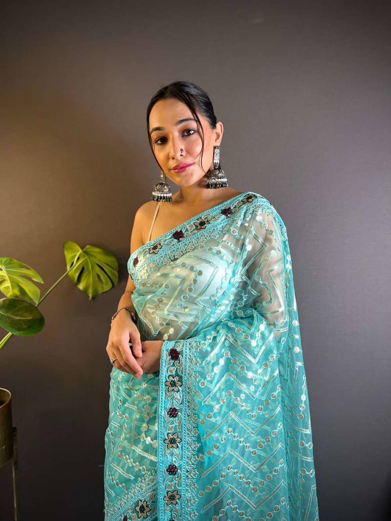 Teal net embroidered thread work heavy look ethnic saree with blouse