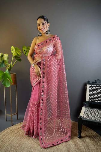 Pink net embroidered thread work heavy look ethnic saree with blouse