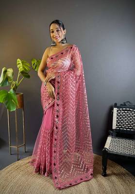 Pink net embroidered thread work heavy look ethnic saree with blouse 1