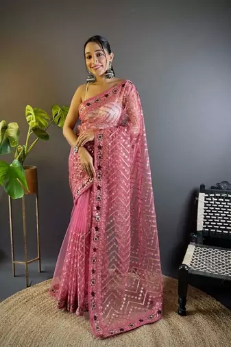 Pink net embroidered thread work heavy look ethnic saree with blouse