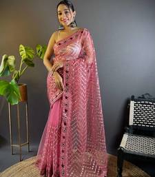 Pink net embroidered thread work heavy look ethnic saree with blouse