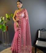 Pink net embroidered thread work heavy look ethnic saree with blouse