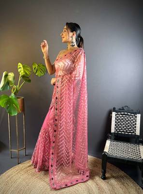 Pink net embroidered thread work heavy look ethnic saree with blouse 2