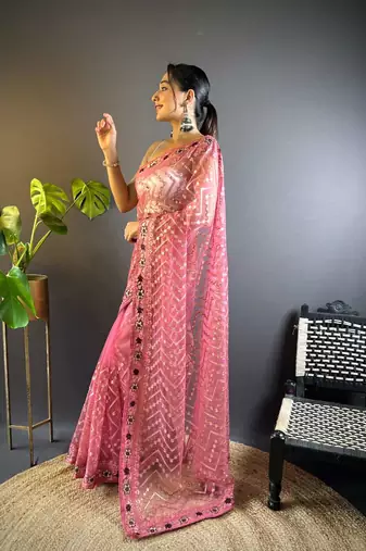 Pink net embroidered thread work heavy look ethnic saree with blouse