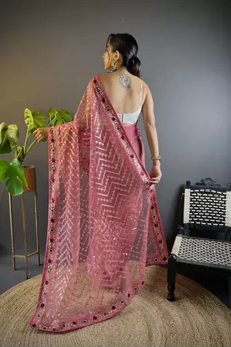 Pink net embroidered thread work heavy look ethnic saree with blouse