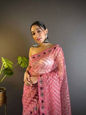Pink net embroidered thread work heavy look ethnic saree with blouse 4
