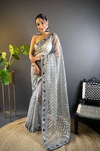 Grey net embroidered thread work heavy look ethnic saree with blouse
