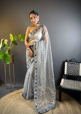 Grey net embroidered thread work heavy look ethnic saree with blouse 1