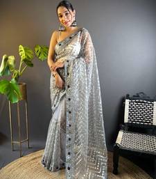 Grey net embroidered thread work heavy look ethnic saree with blouse