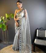 Grey net embroidered thread work heavy look ethnic saree with blouse