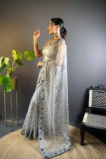 Grey net embroidered thread work heavy look ethnic saree with blouse