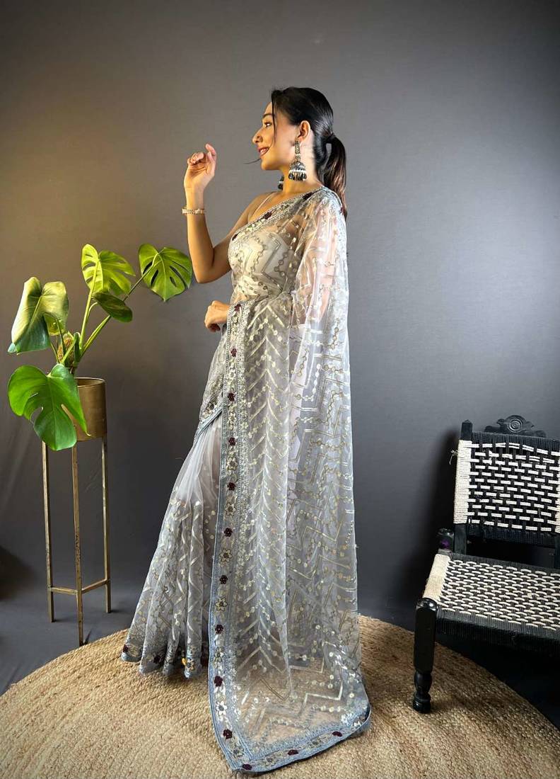 Grey net embroidered thread work heavy look ethnic saree with blouse