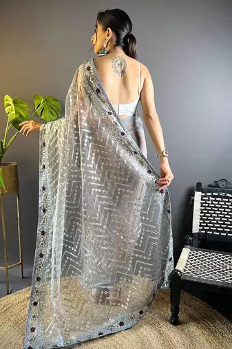 Grey net embroidered thread work heavy look ethnic saree with blouse