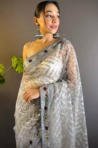 Grey net embroidered thread work heavy look ethnic saree with blouse