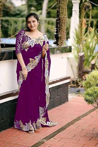 Wine chiffon embroidered thread work heavy look ethnic saree with blouse