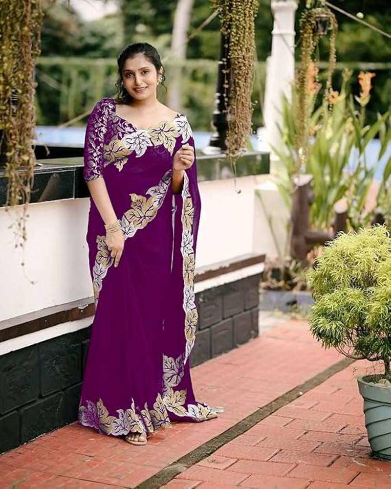 Wine chiffon embroidered thread work heavy look ethnic saree with blouse