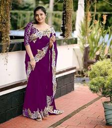 Wine chiffon embroidered thread work heavy look ethnic saree with blouse