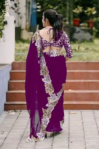 Wine chiffon embroidered thread work heavy look ethnic saree with blouse