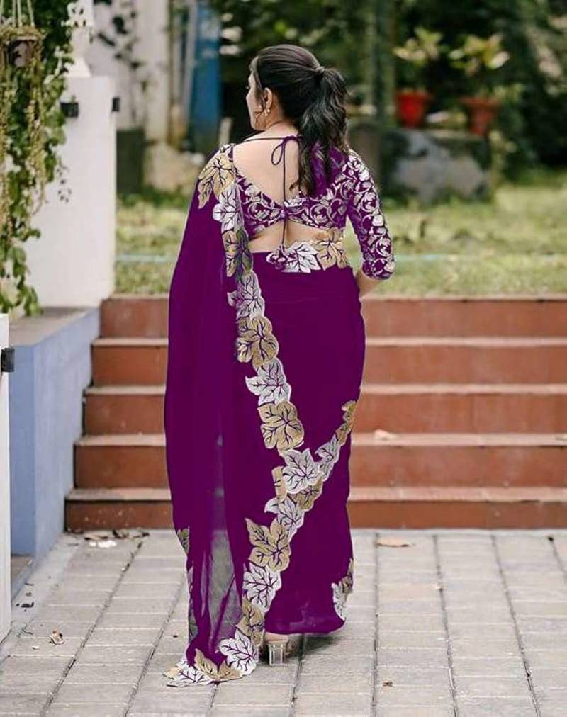 Wine chiffon embroidered thread work heavy look ethnic saree with blouse