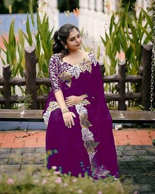 Wine chiffon embroidered thread work heavy look ethnic saree with blouse 4