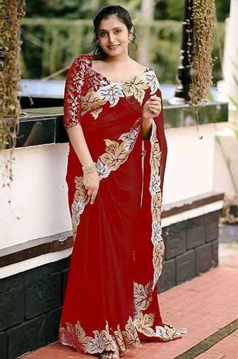 Maroon chiffon embroidered thread work heavy look ethnic saree with blouse