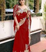Maroon chiffon embroidered thread work heavy look ethnic saree with blouse
