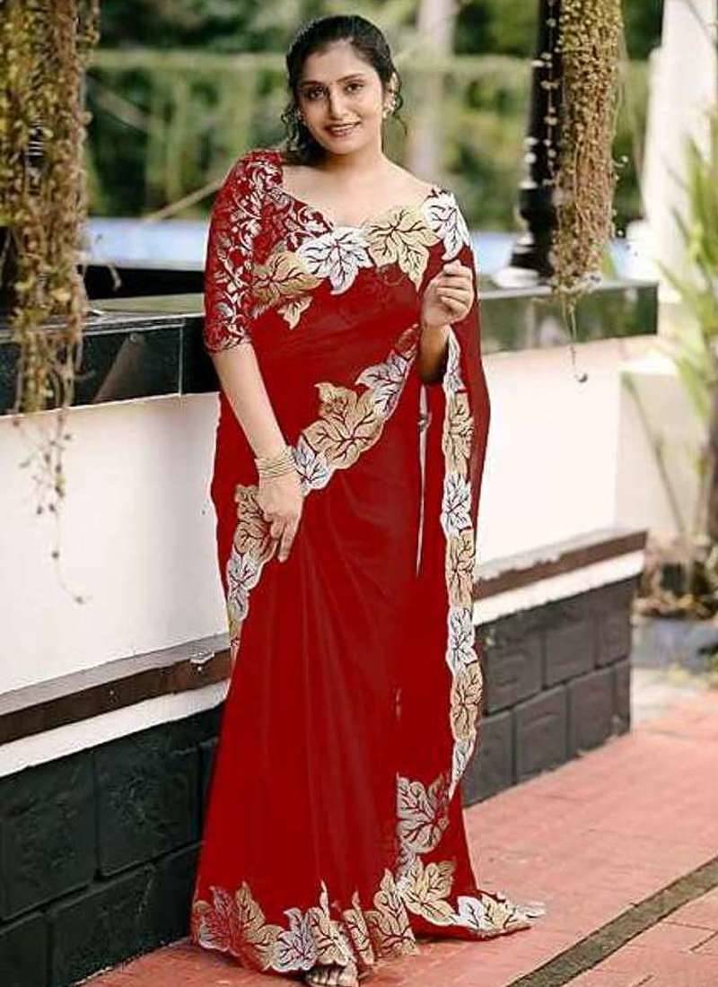 Maroon chiffon embroidered thread work heavy look ethnic saree with blouse