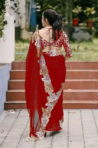 Maroon chiffon embroidered thread work heavy look ethnic saree with blouse