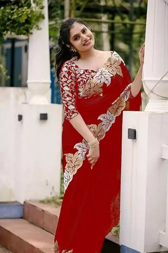 Maroon chiffon embroidered thread work heavy look ethnic saree with blouse