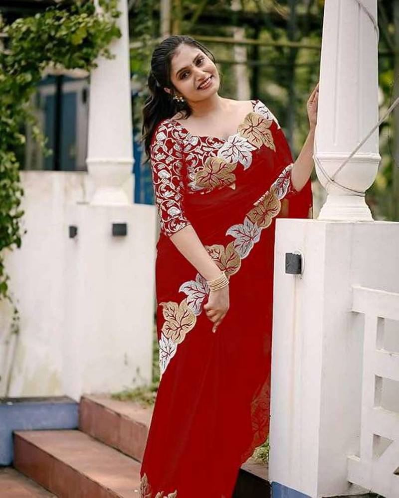 Maroon chiffon embroidered thread work heavy look ethnic saree with blouse