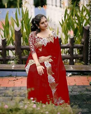 Maroon chiffon embroidered thread work heavy look ethnic saree with blouse 4