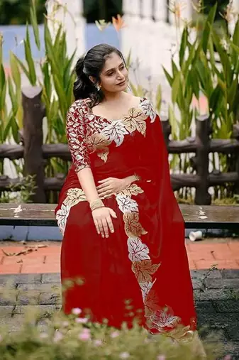 Maroon chiffon embroidered thread work heavy look ethnic saree with blouse