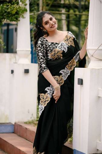 Black chiffon embroidered thread work heavy look ethnic saree with blouse