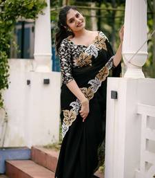 Black chiffon embroidered thread work heavy look ethnic saree with blouse